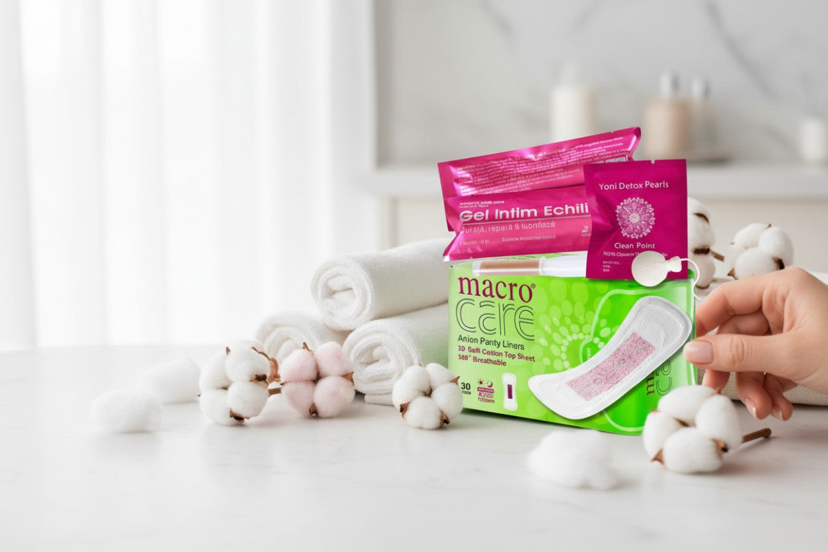 Ritual intim start edera cu absorbante macro care zilnice, gel intim echilibrant si tampon intim detoxifiant intr-un cadru lifestyle, calm, feminin.