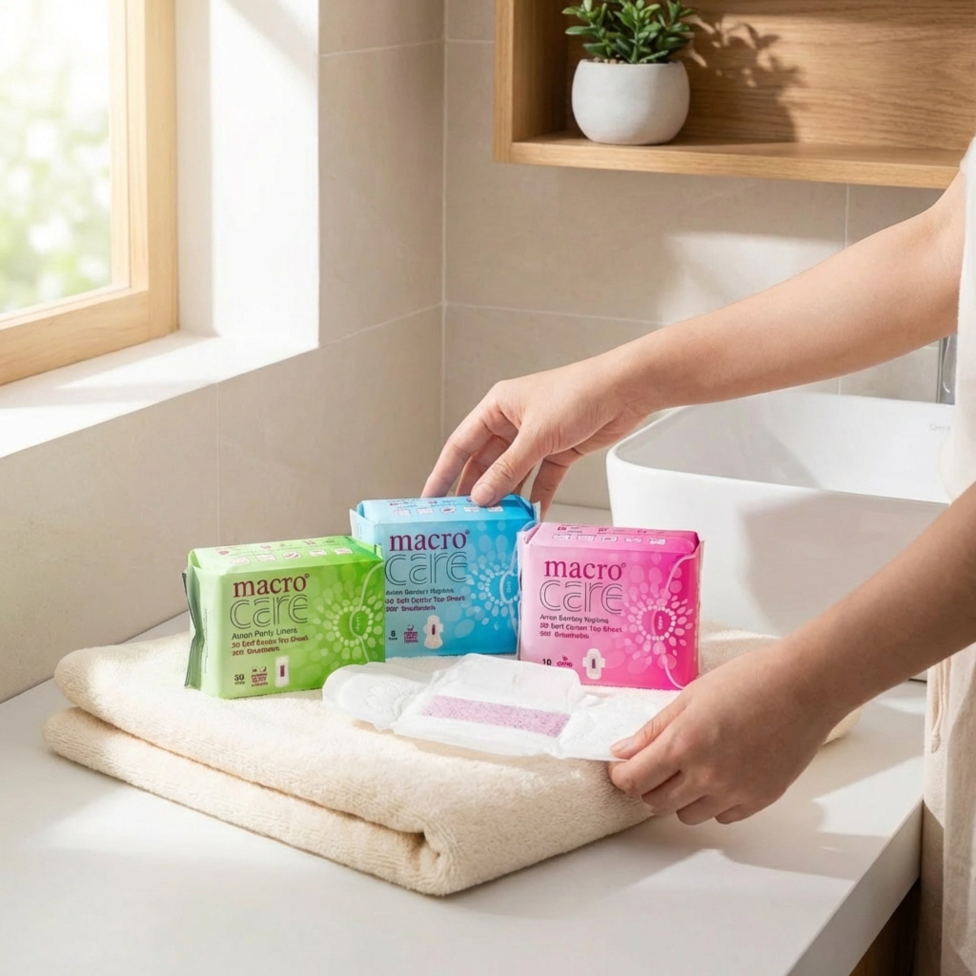 Set 3 pachete absorbante macro care din bumbac cu banda anion pentru confort si protectie activa.