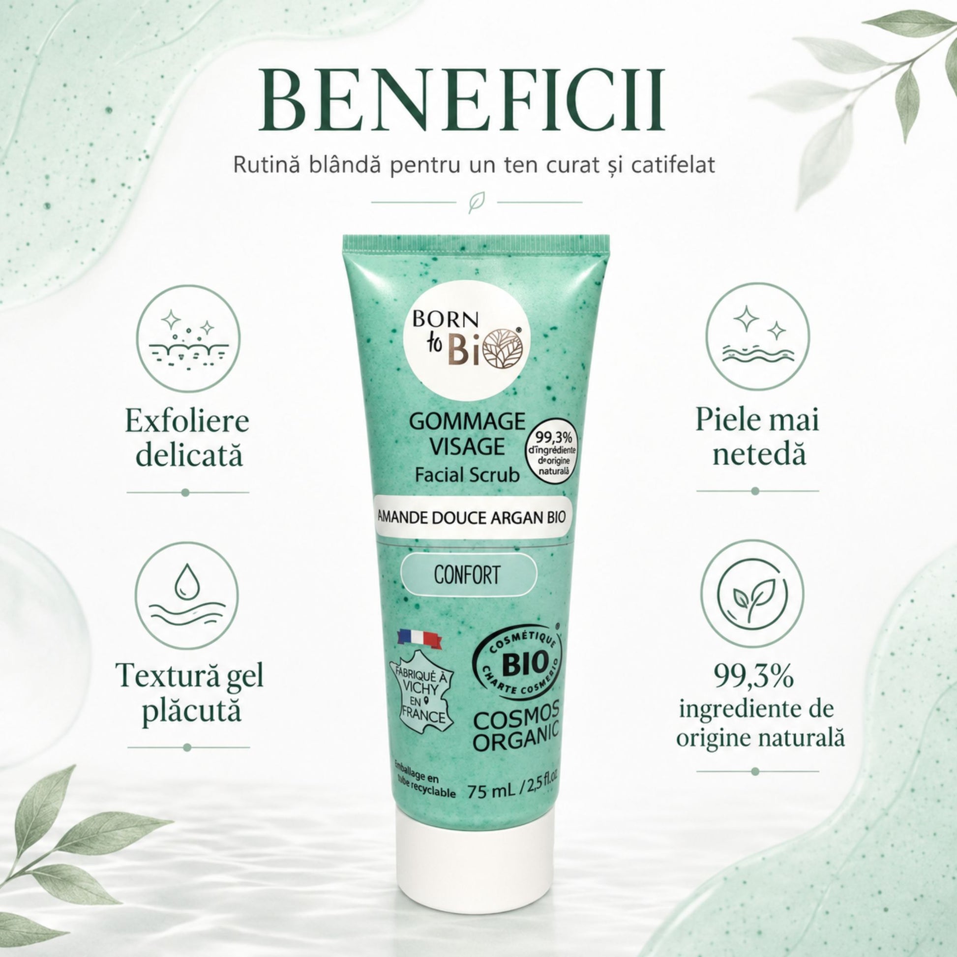 Exfoliant facial bio pentru exfoliere delicată și piele mai fină, cu 99,3% ingrediente de origine naturală