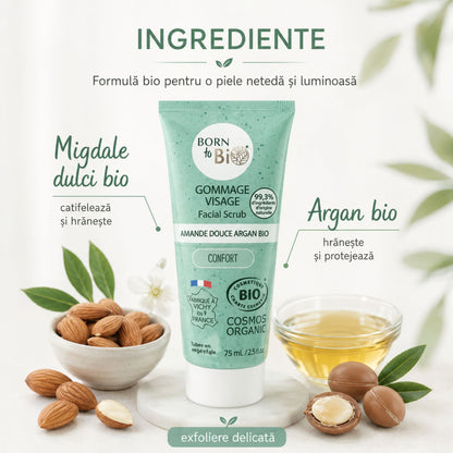 Exfoliant facial bio cu migdale dulci, argan și particule exfoliante de origine vegetală