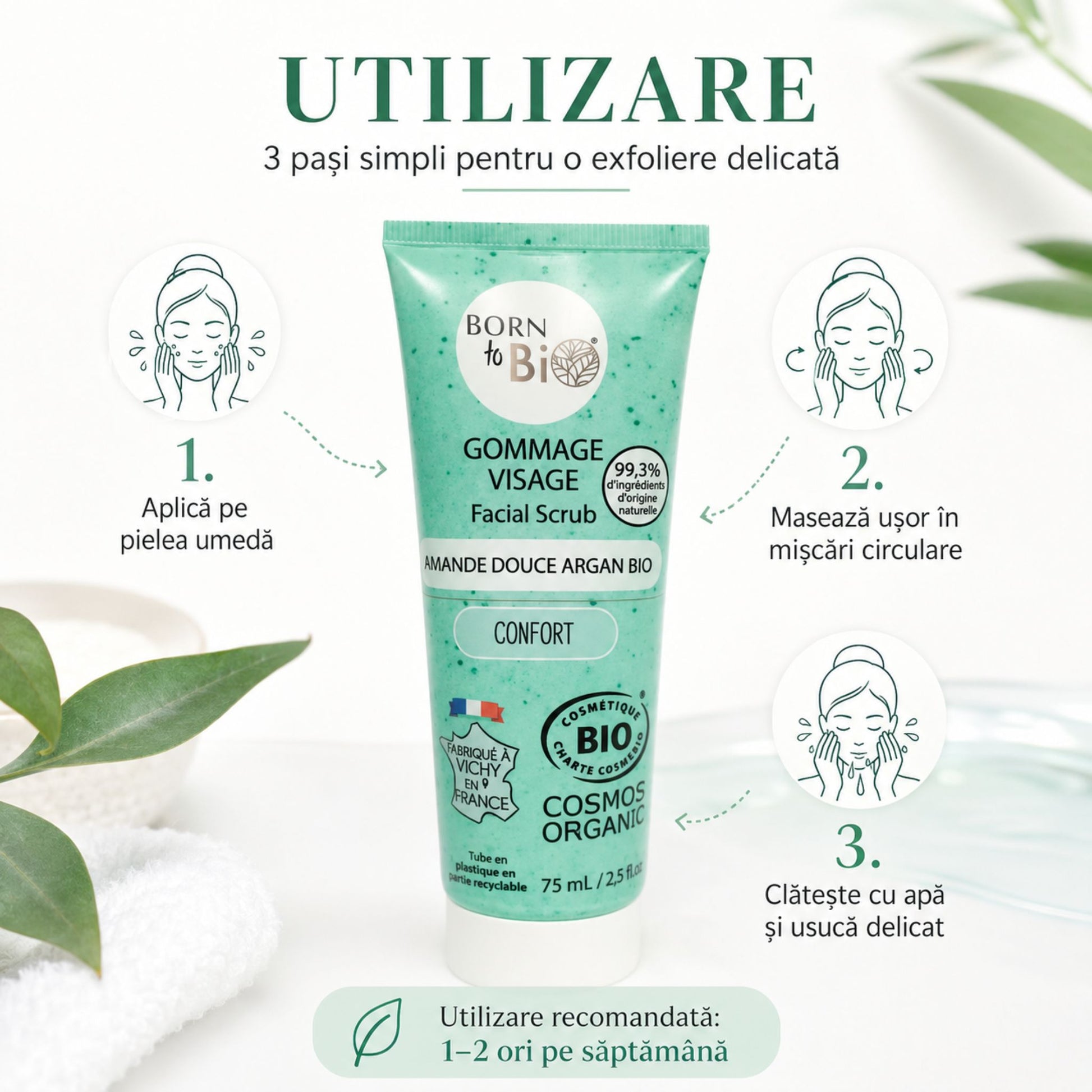 Mod de utilizare exfoliant facial bio cu migdale dulci și argan, recomandat de 1-2 ori pe săptămână