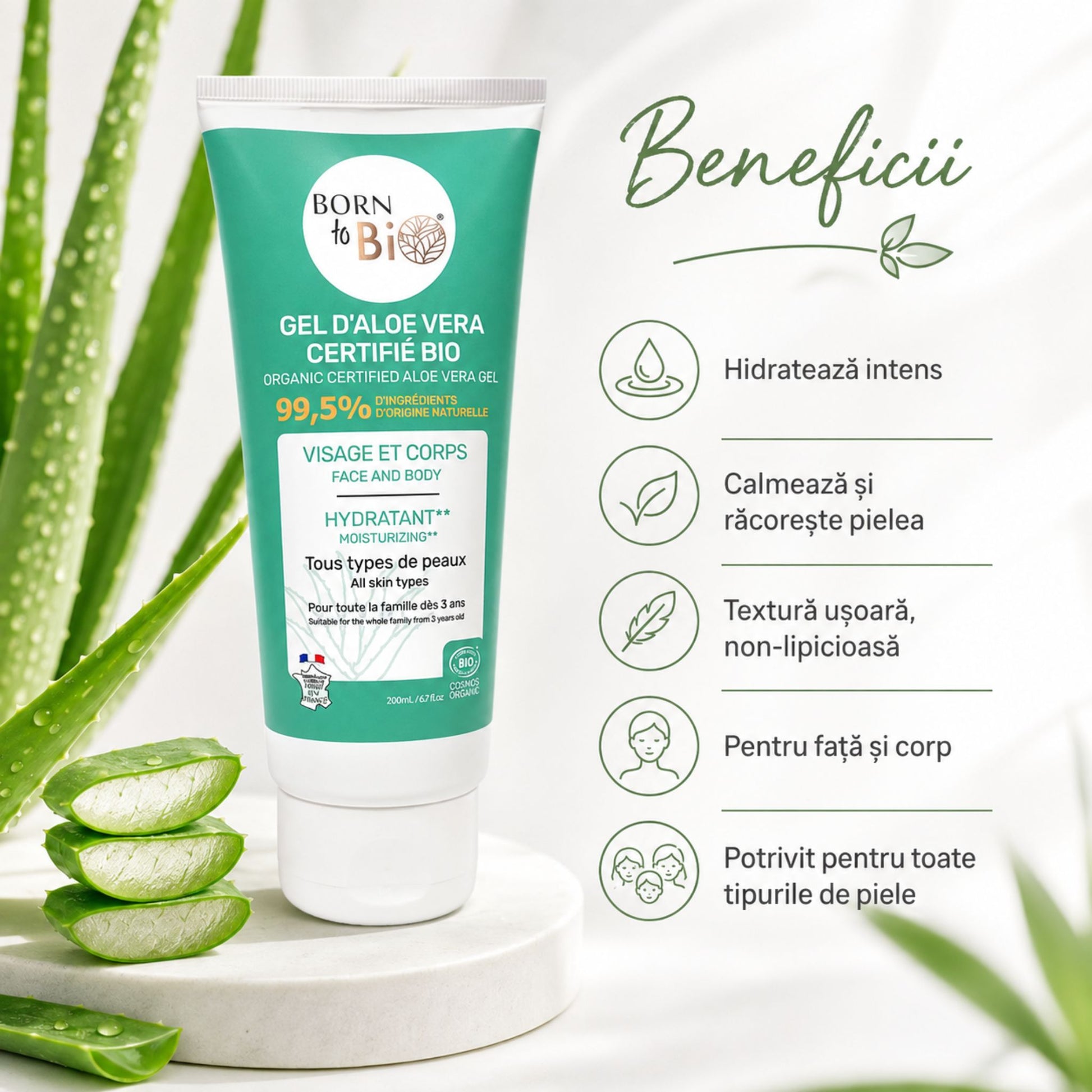 Gel de Aloe Vera bio hidratant și calmant, cu textură ușoară pentru față și corp
