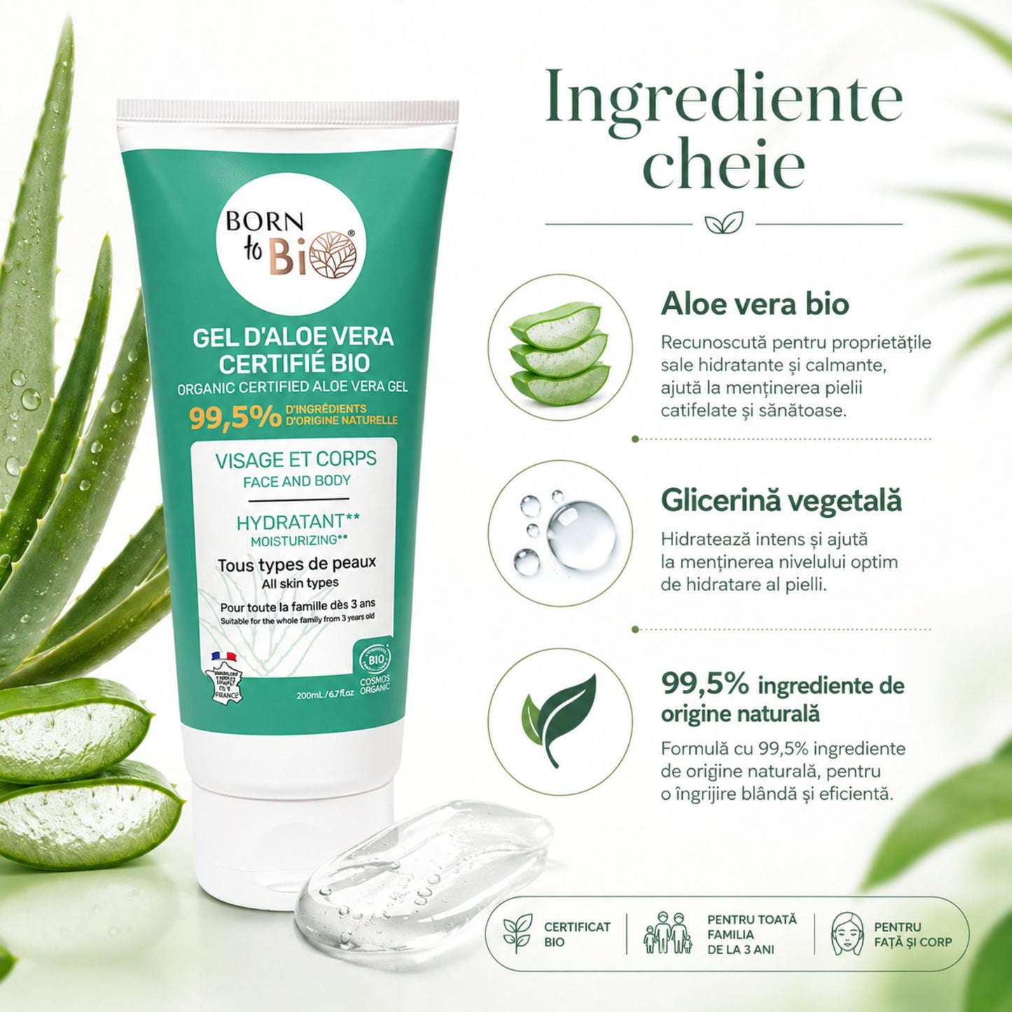 Gel de Aloe Vera bio cu Aloe Vera și glicerină vegetală pentru hidratarea pielii