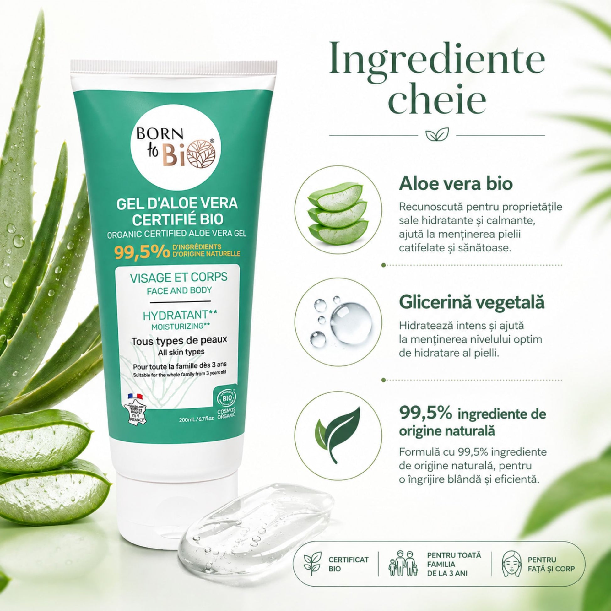 Gel de Aloe Vera bio cu Aloe Vera și glicerină vegetală pentru hidratarea pielii