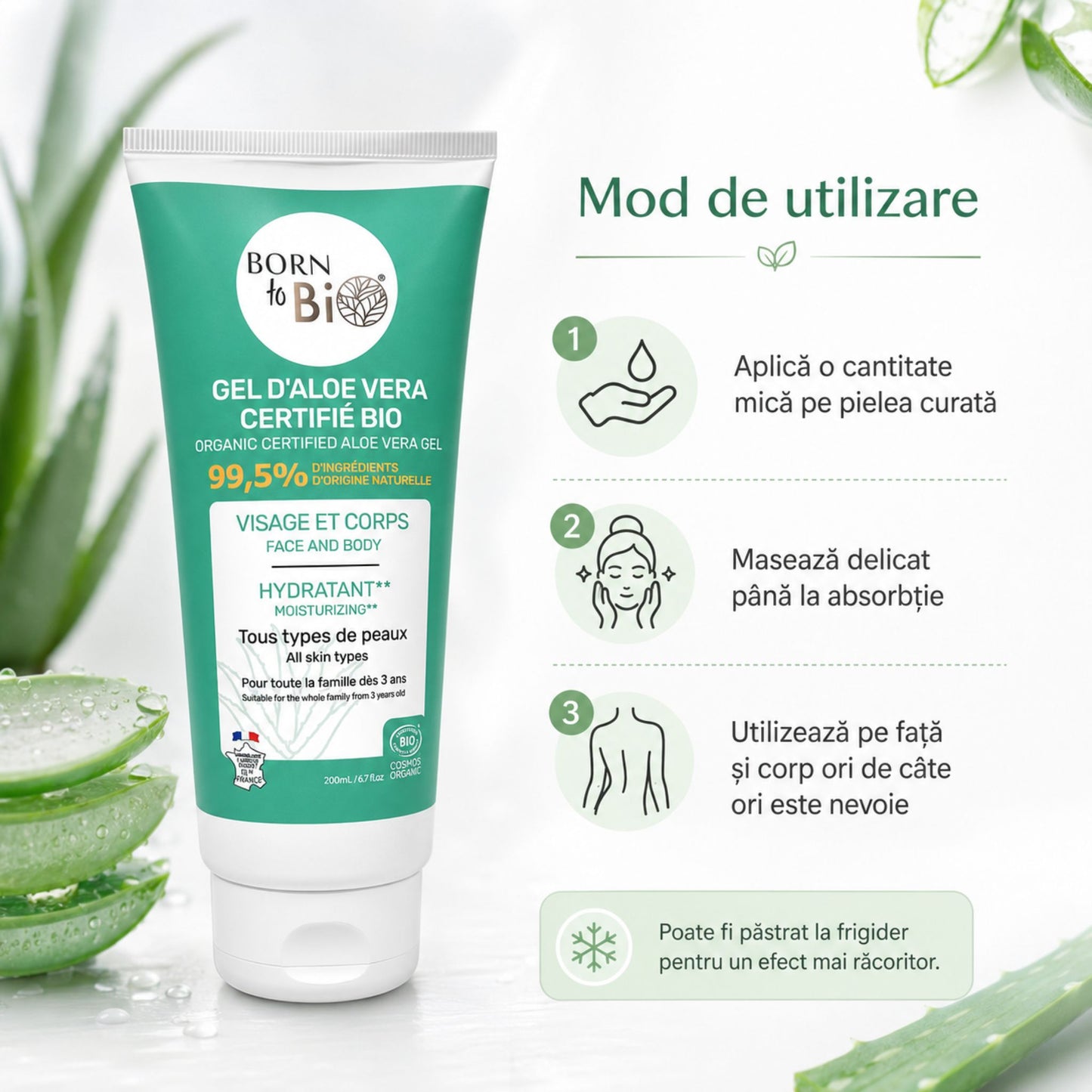 Mod de utilizare gel de Aloe Vera bio pentru față și corp Born to Bio
