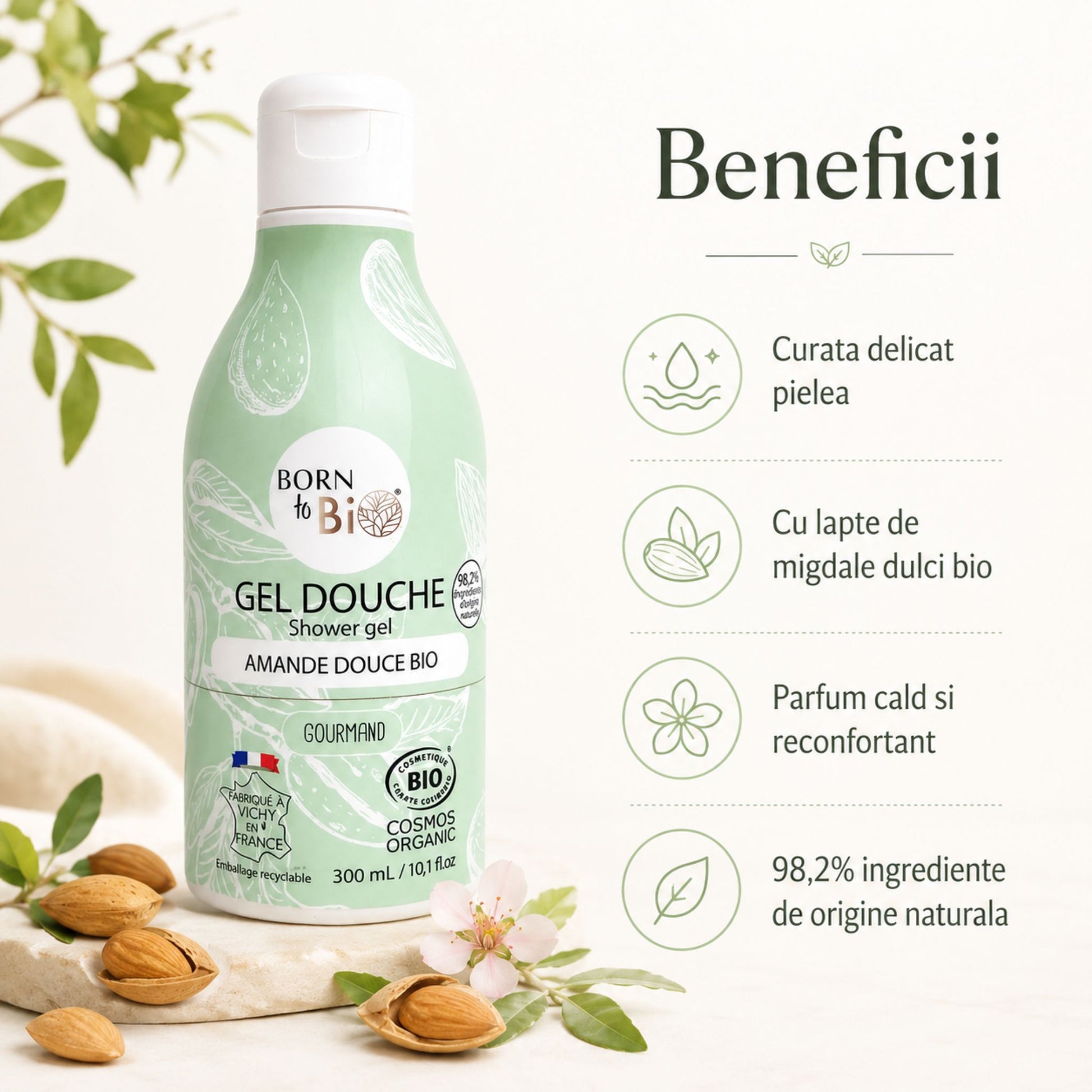 Gel de duș bio cu migdale dulci, curățare delicată și 98,2% ingrediente de origine naturală