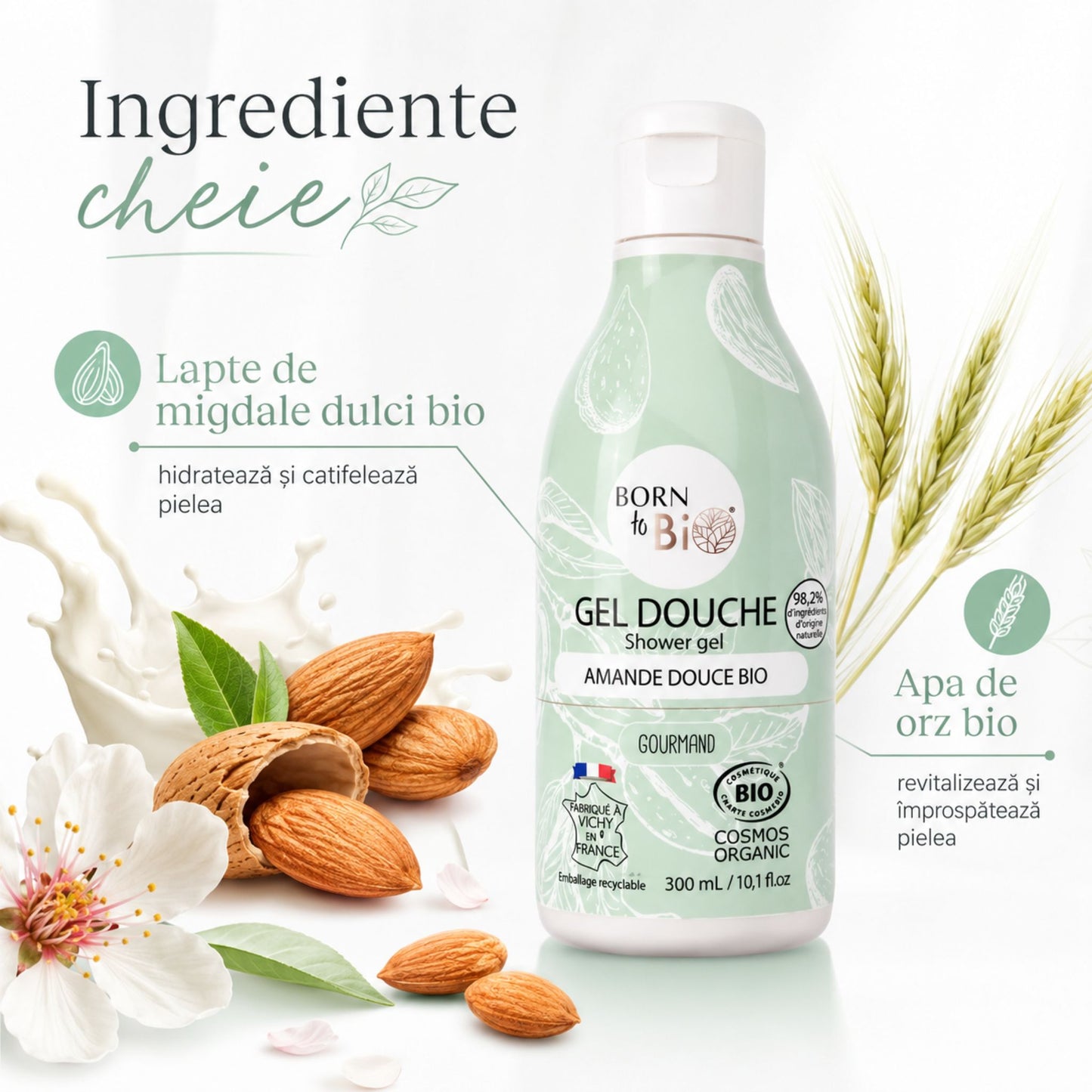 Gel de duș bio cu lapte de migdale dulci bio și apă de orz bio Born to Bio