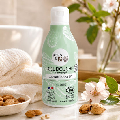 Gel de duș bio cu migdale dulci Born to Bio în ambient natural și relaxant de baie