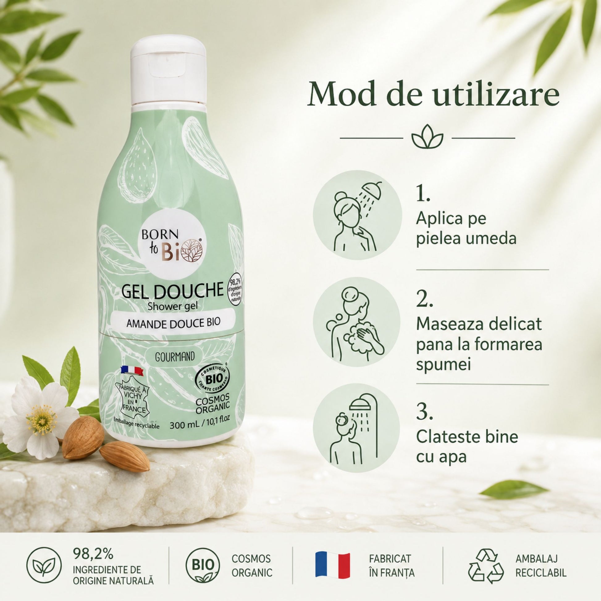Mod de utilizare gel de duș bio cu migdale dulci pentru curățarea zilnică a pielii