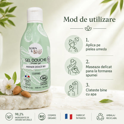 Mod de utilizare gel de duș bio cu migdale dulci pentru curățarea zilnică a pielii
