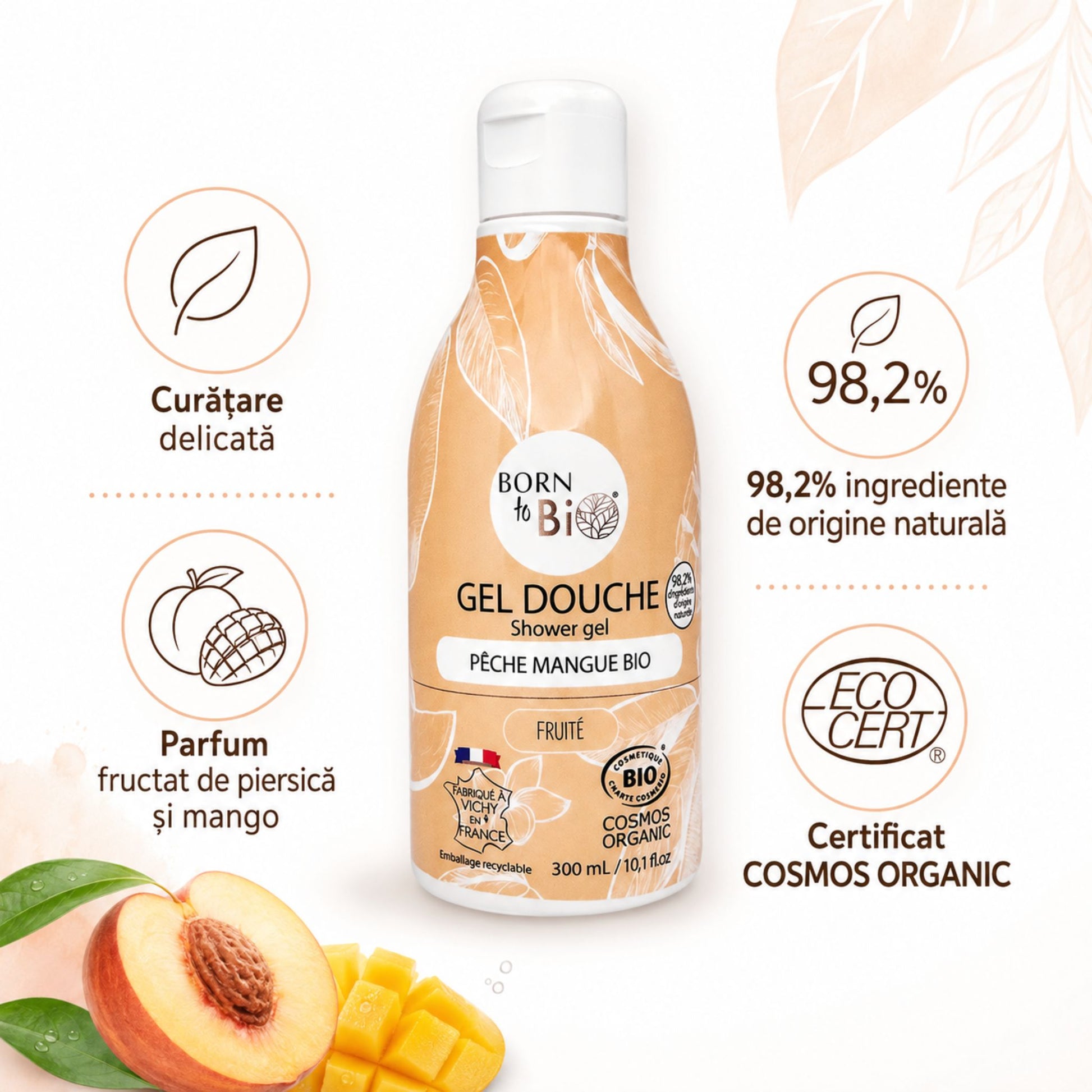 Gel de duș bio cu piersică și mango, curățare delicată și 98,2% ingrediente de origine naturală
