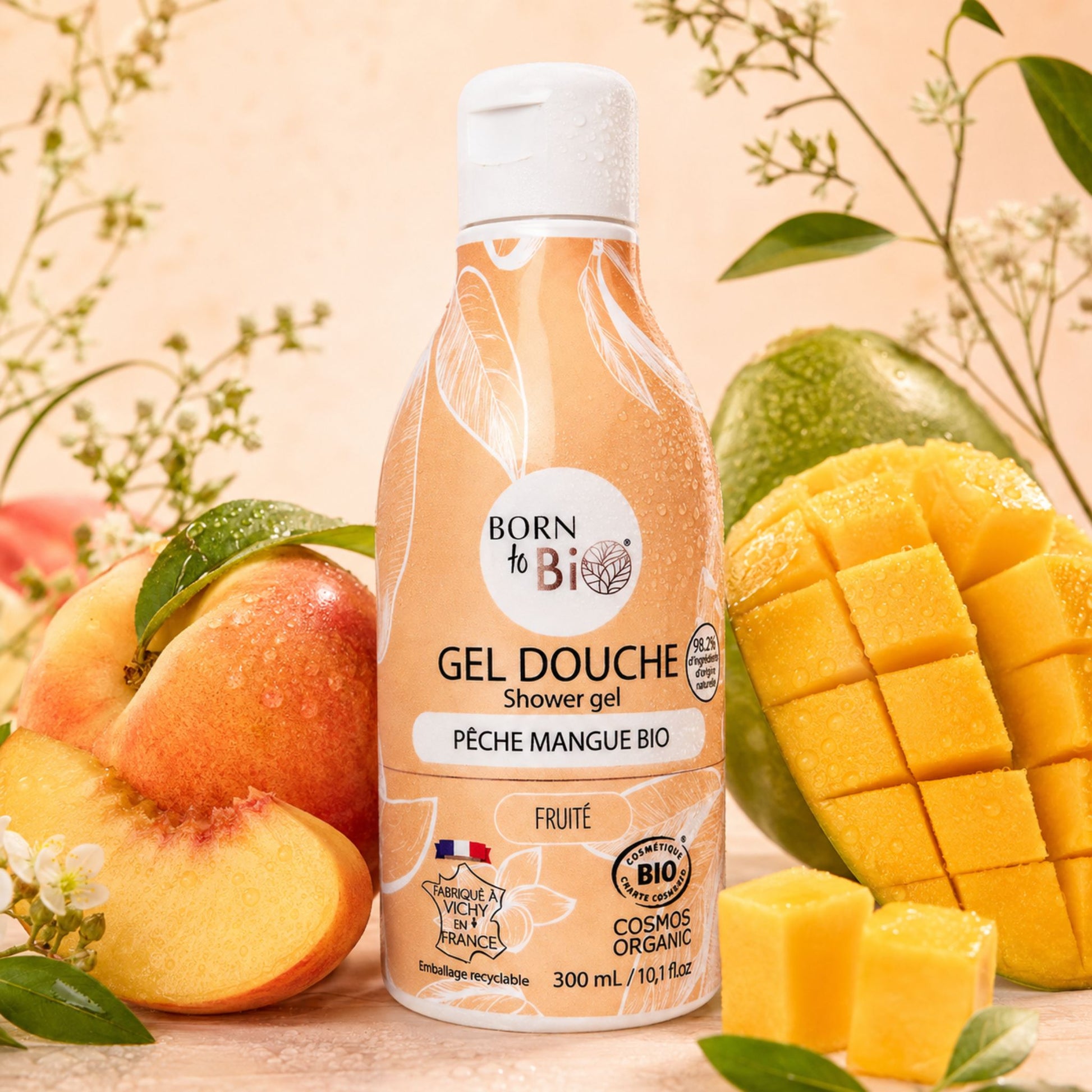 Gel de duș bio Born to Bio cu piersică și mango, ingrediente de origine naturală