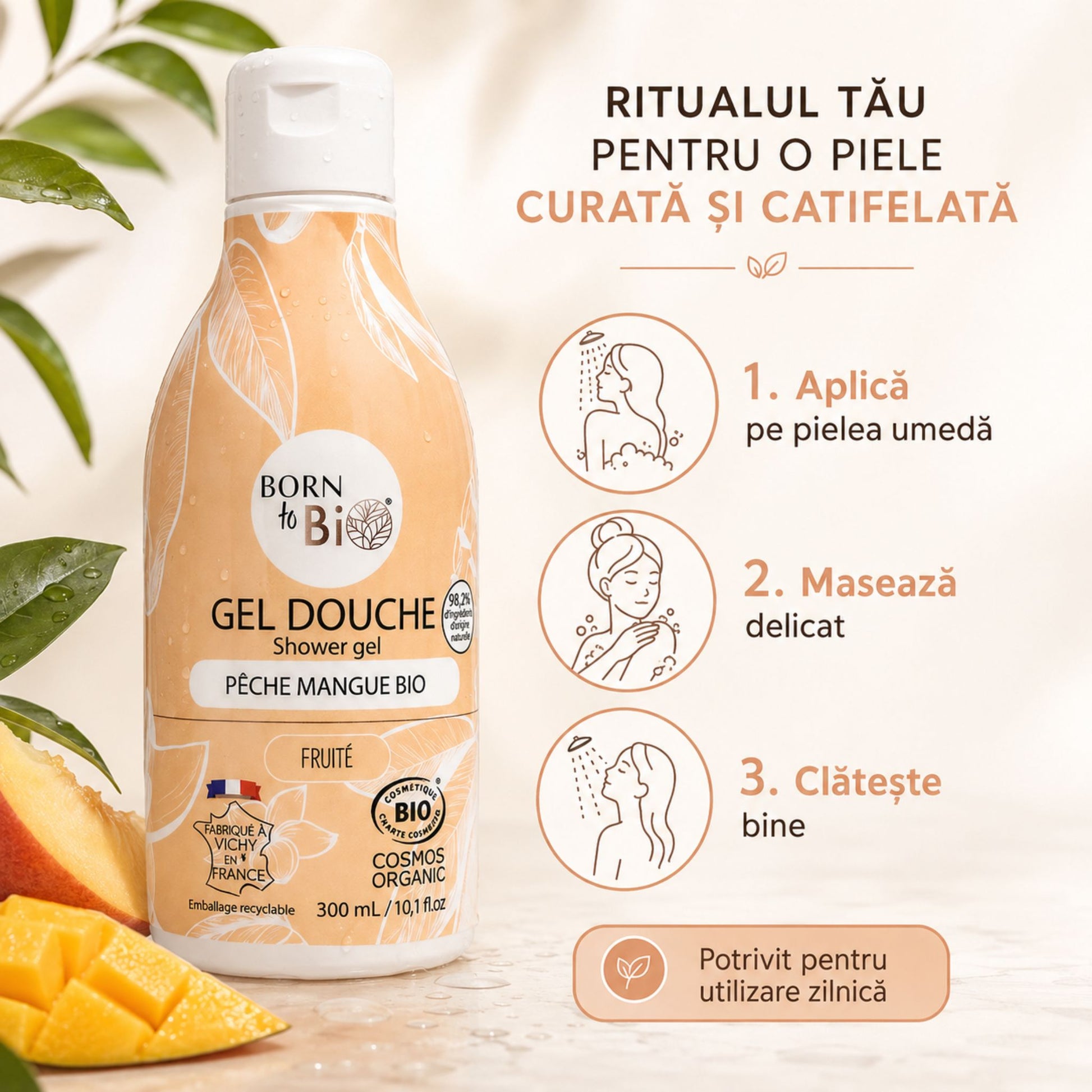 Mod de utilizare gel de duș bio cu piersică și mango pentru curățarea zilnică a pielii