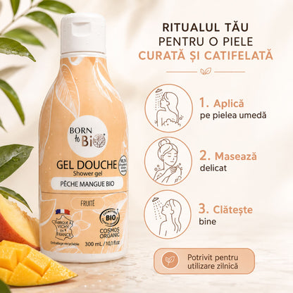 Mod de utilizare gel de duș bio cu piersică și mango pentru curățarea zilnică a pielii