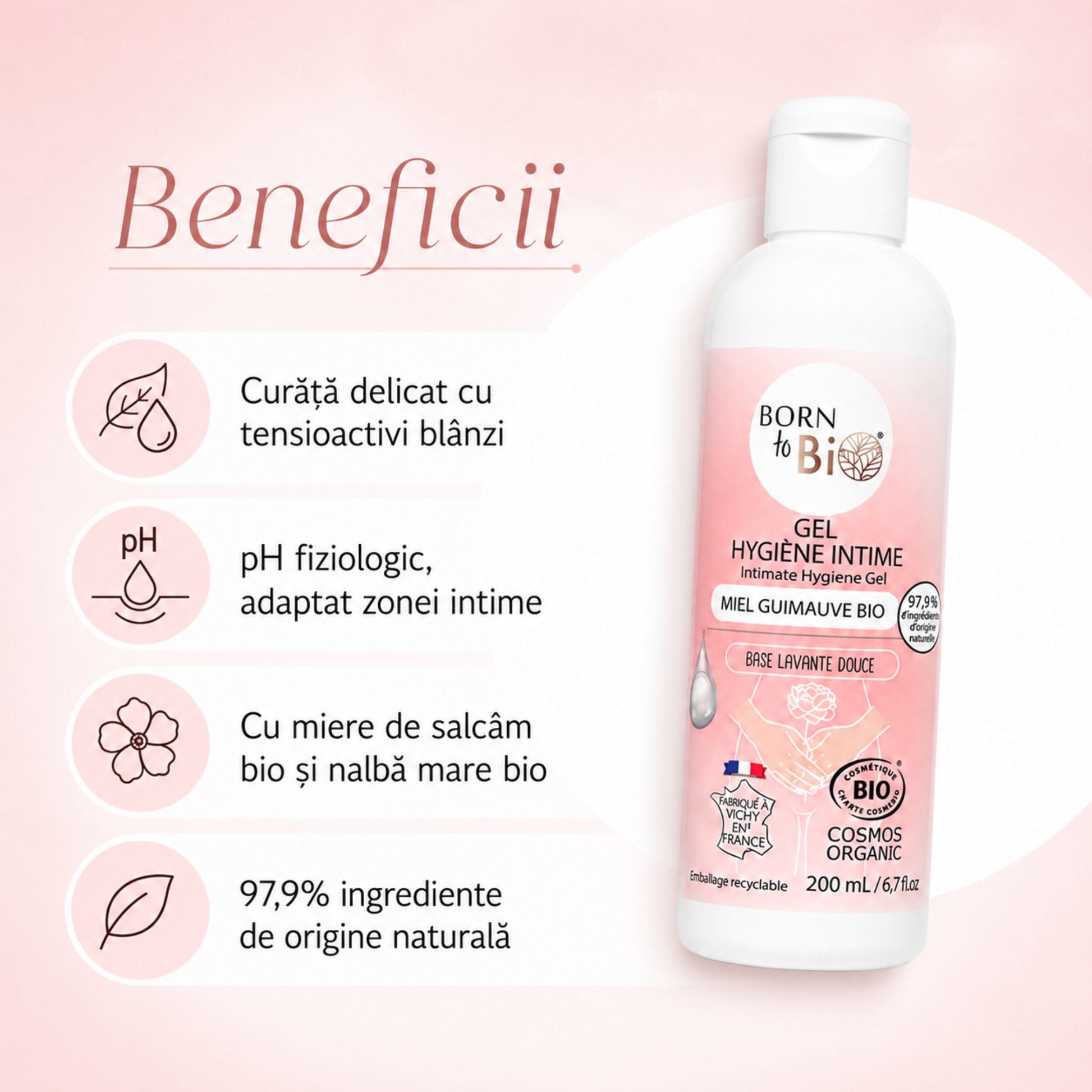 Gel intim bio cu pH fiziologic, tensioactivi blânzi și 97,9% ingrediente de origine naturală