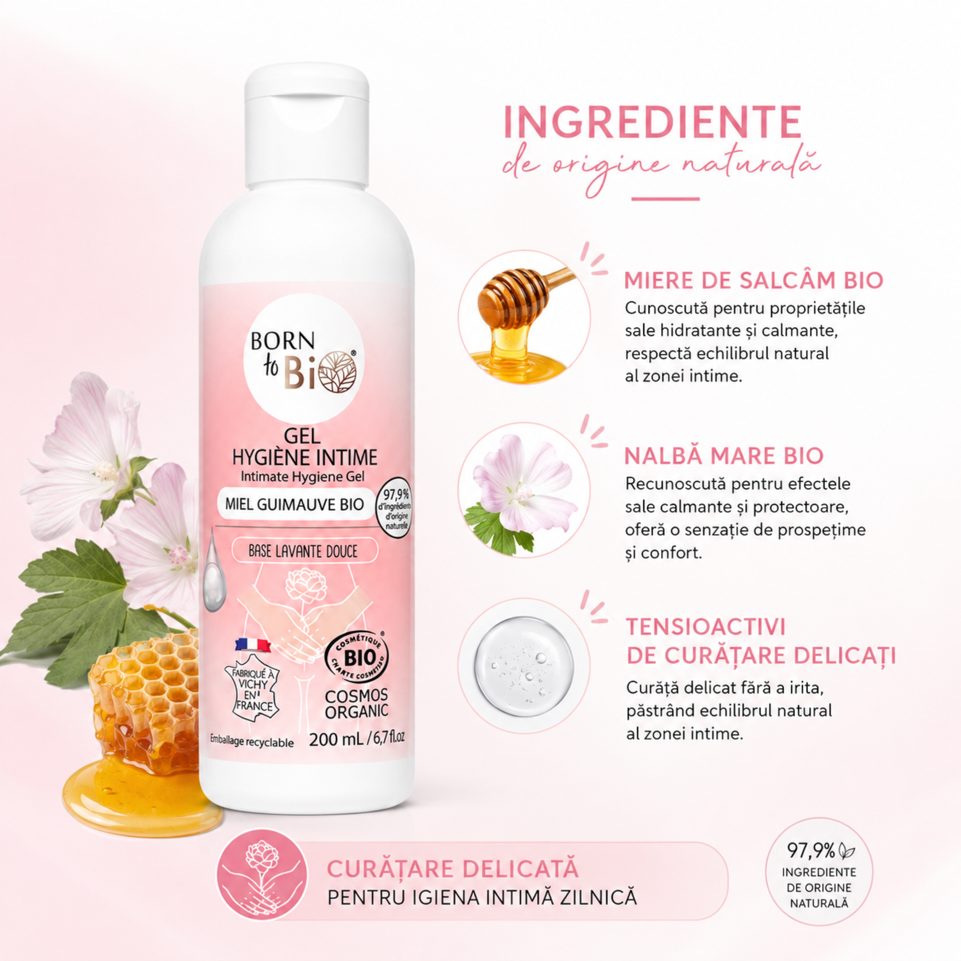 Gel intim bio cu miere de salcâm, nalbă mare și tensioactivi de curățare delicați