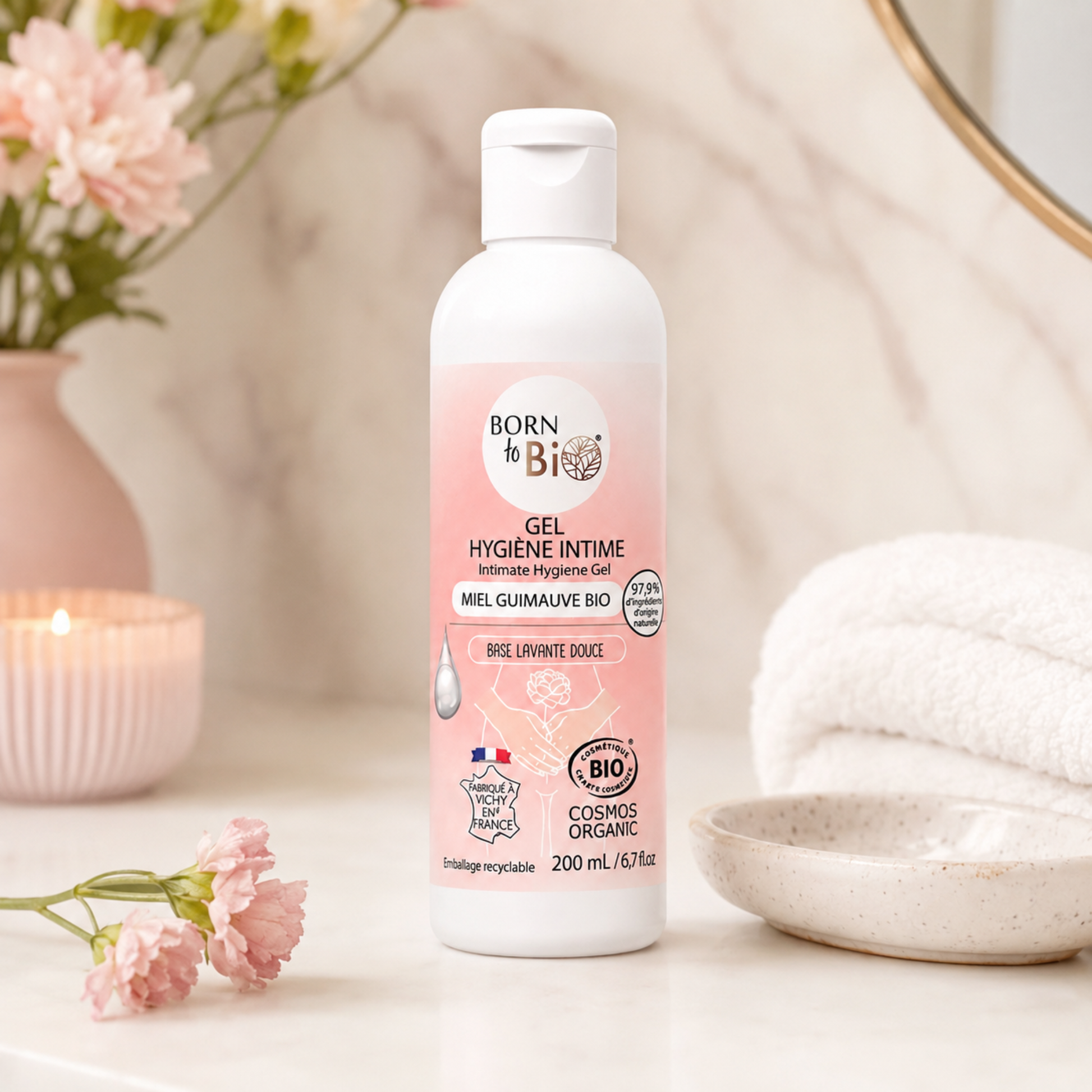 Gel intim bio Born to Bio cu miere și nalbă mare în ambient delicat de îngrijire