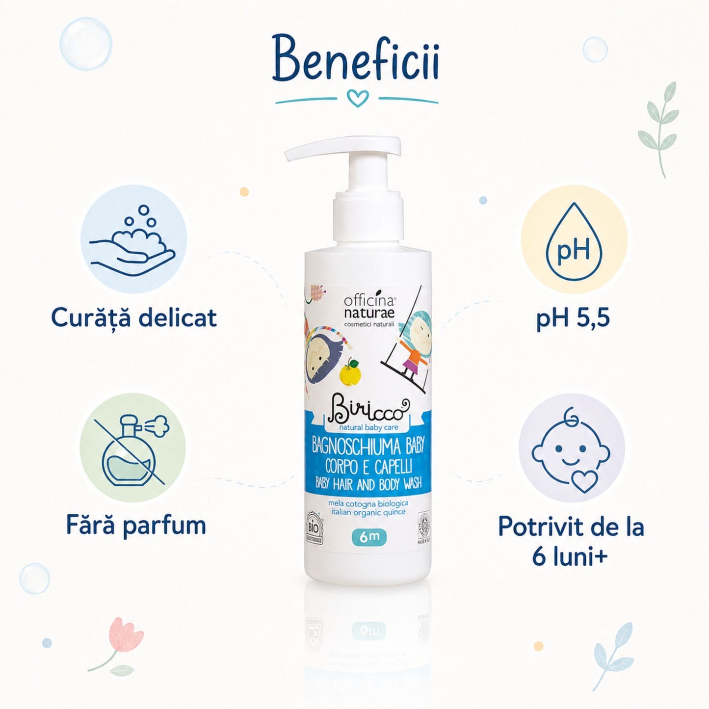 Gel natural 2 în 1 pentru copii, fără parfum, pH 5,5 și potrivit de la 6 luni