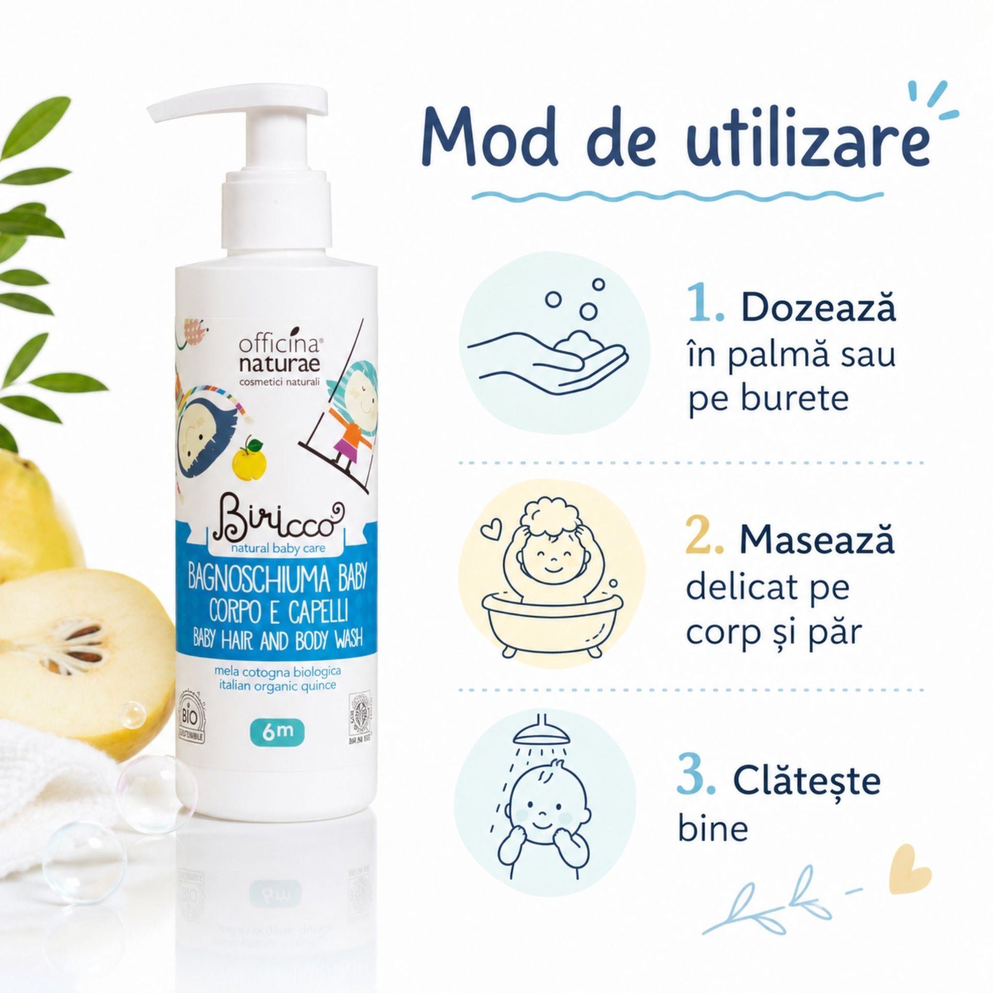 Gel natural 2 în 1 pentru corp și păr copii - mod de utilizare și clătire