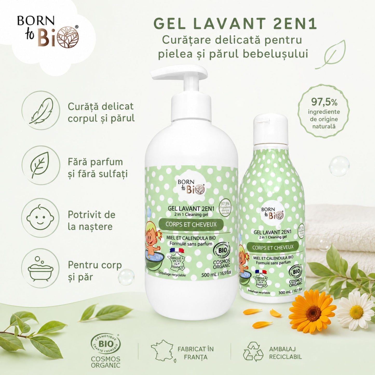 Gel de spălare bio 2 în 1 pentru bebeluși, fără parfum și fără sulfați, potrivit de la naștere