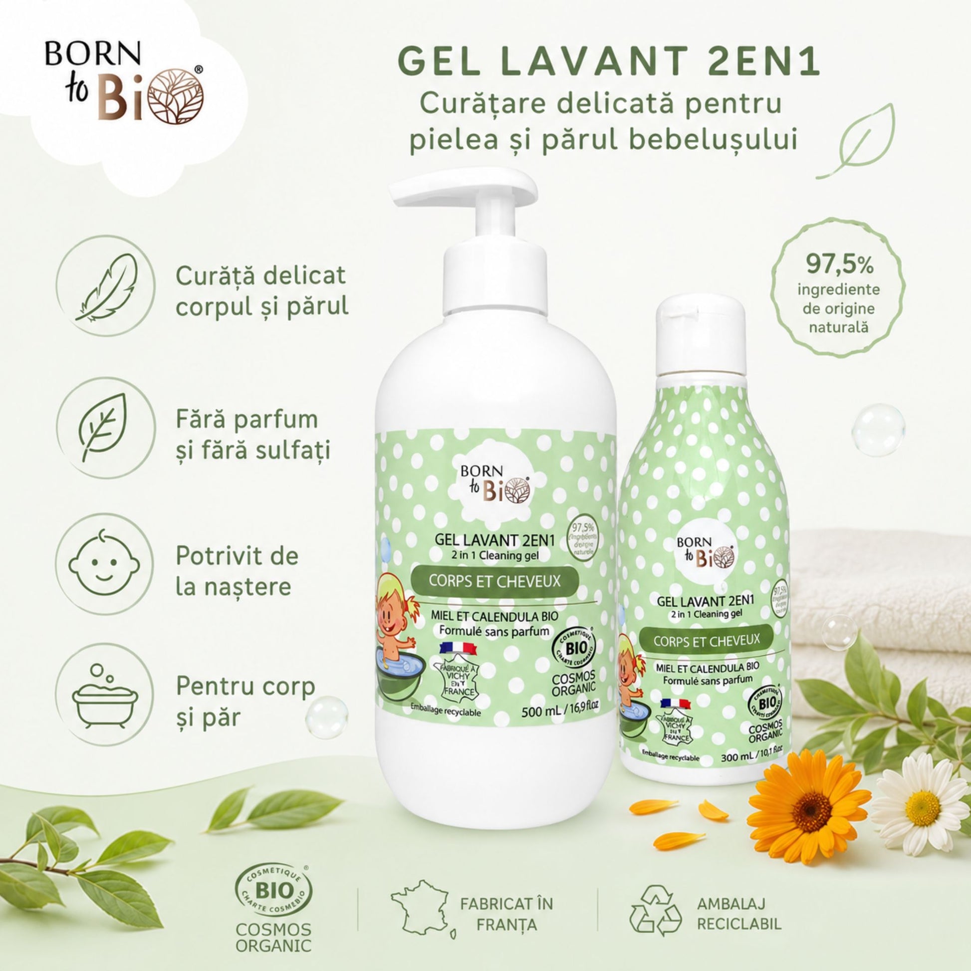 Gel de spălare bio 2 în 1 pentru bebeluși, fără parfum și fără sulfați, potrivit de la naștere