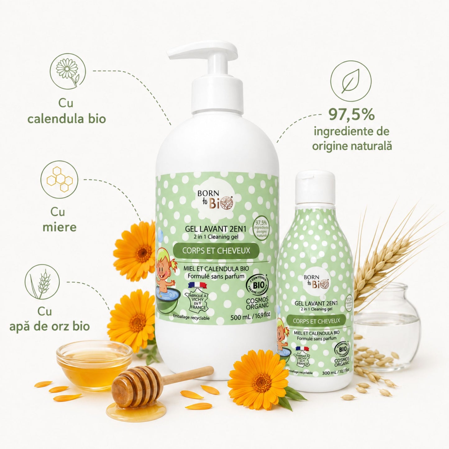 Gel de spălare bio pentru bebeluși cu calendula bio, miere și apă de orz bio