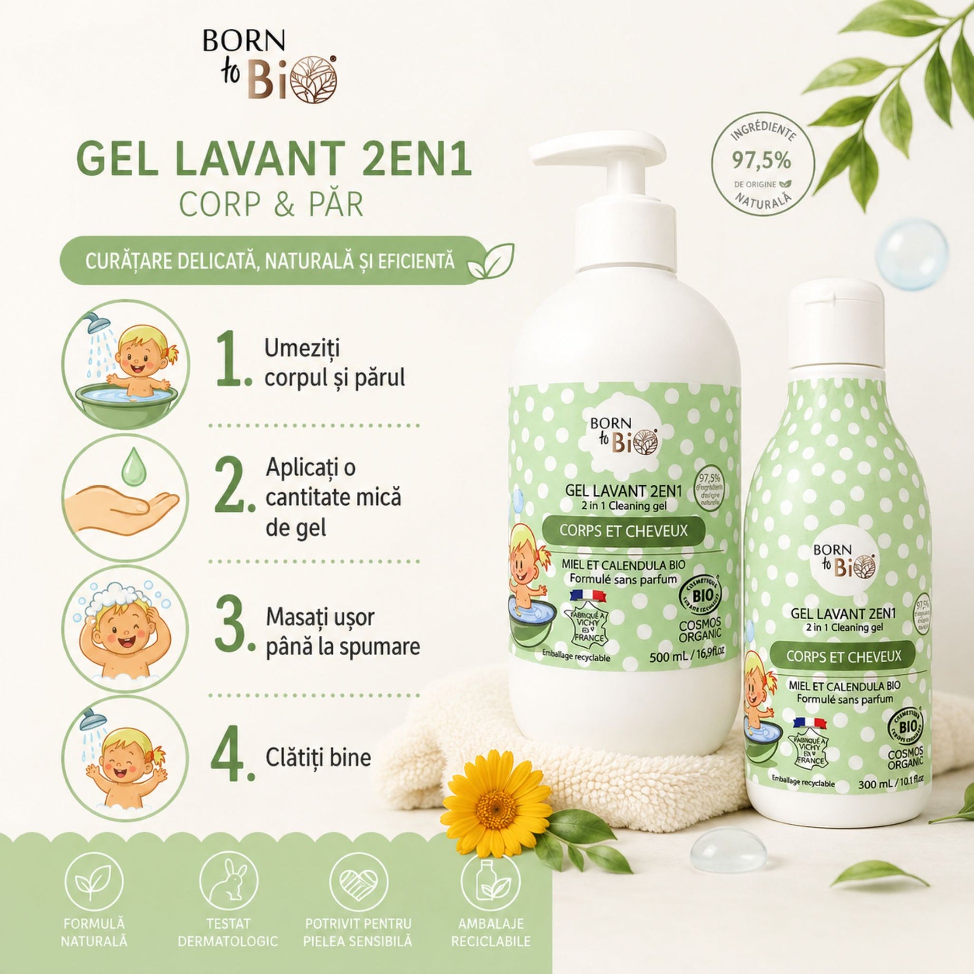 Mod de utilizare gel de spălare bio 2 în 1 pentru corpul și părul bebelușului