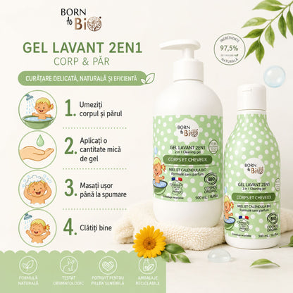 Mod de utilizare gel de spălare bio 2 în 1 pentru corpul și părul bebelușului