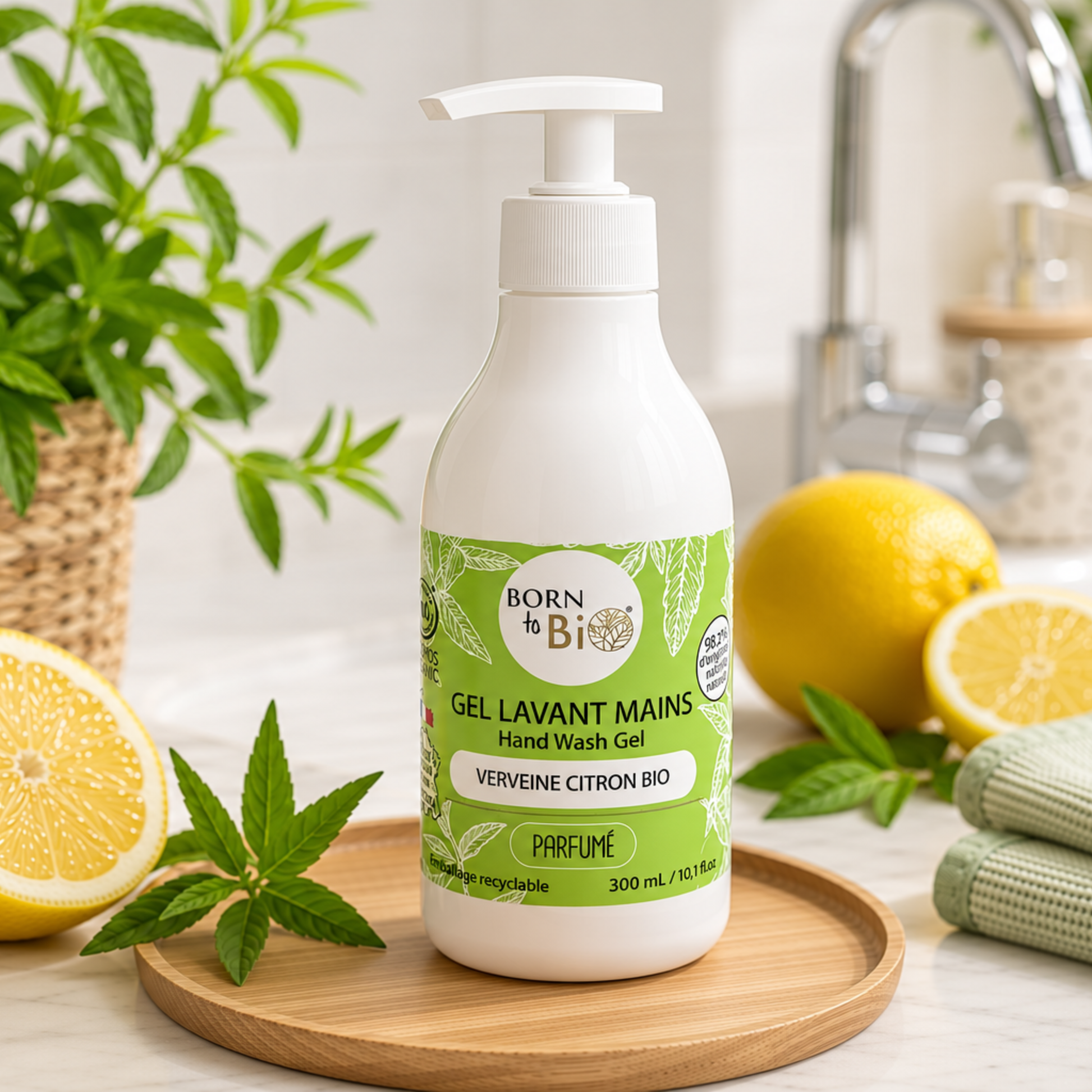 Gel de spălare bio pentru mâini Born to Bio cu verbină și lămâie în ambient natural și proaspăt