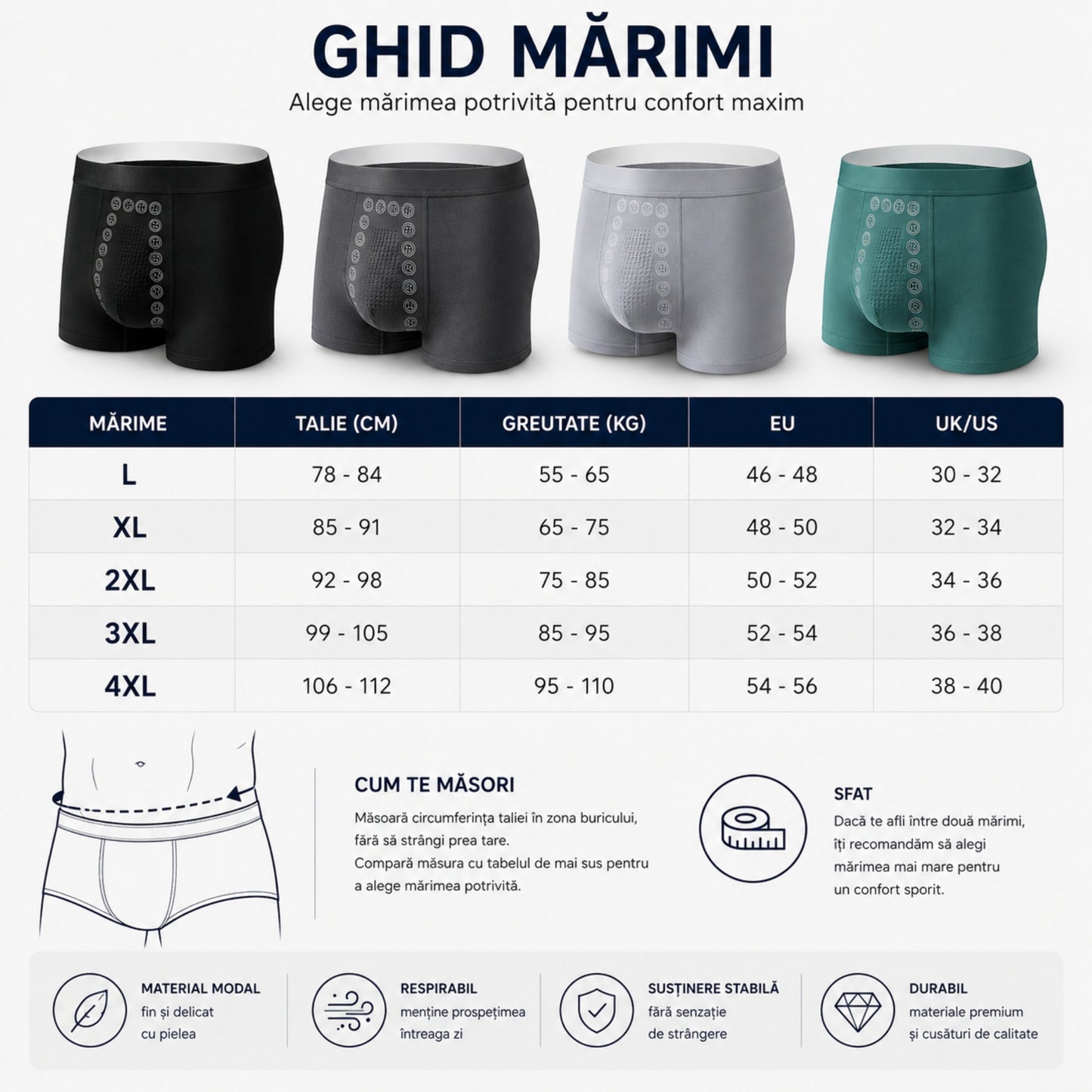 Ghid mărimi boxeri bărbați din modal cu turmalină
