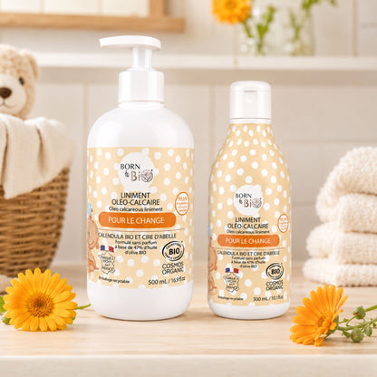 Lapte de curățare și protecție pentru bebeluși Born to Bio în decor delicat pentru îngrijirea pielii sensibile