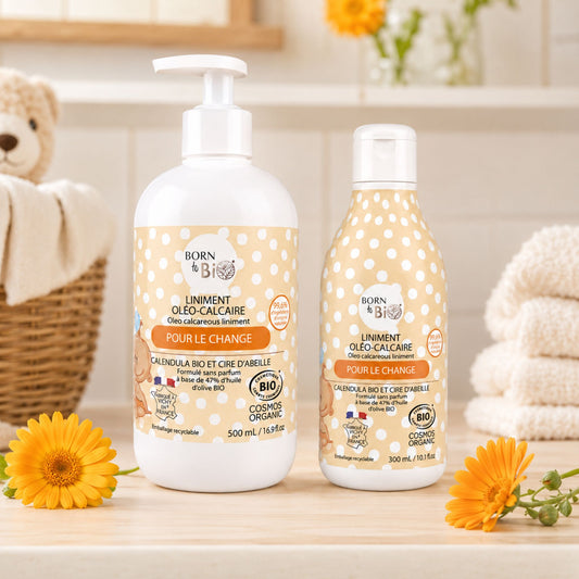 Lapte de curățare și protecție pentru bebeluși Born to Bio în decor delicat pentru îngrijirea pielii sensibile