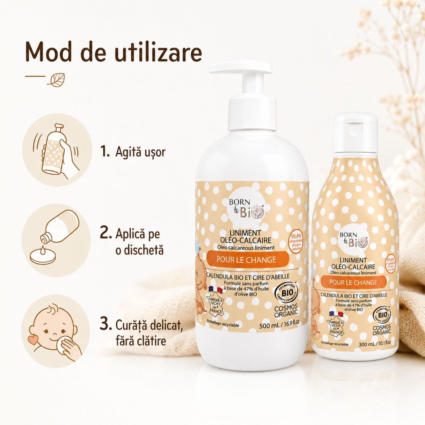 Mod de utilizare pentru laptele de curățare și protecție pentru bebeluși Born to Bio
