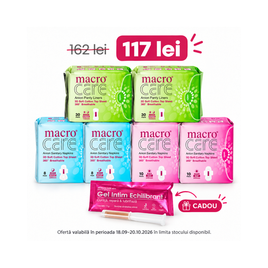 Ofertă promoțională Macro Care – 6 pachete de absorbante și gel intim echilibrant cadou