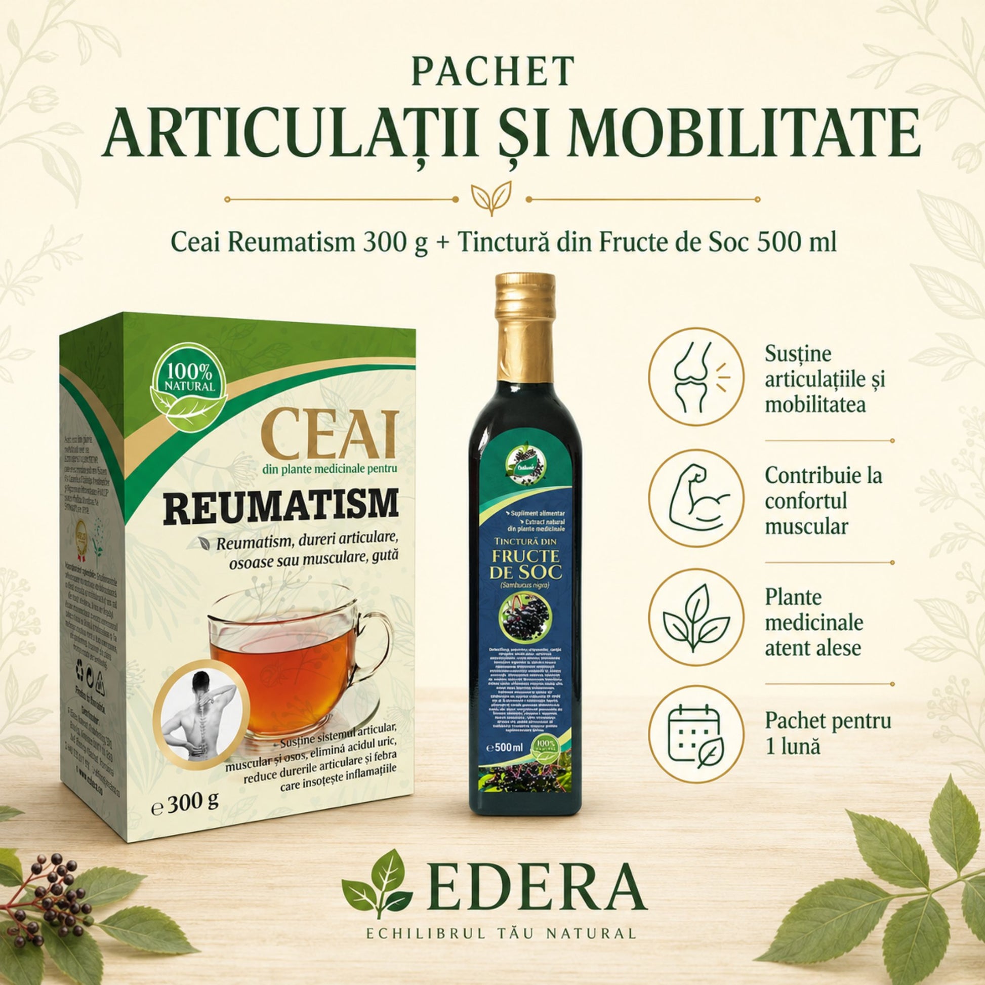 Pachet Articulații & Mobilitate EDERA cu Ceai pentru Reumatism și Tinctură din Fructe de Soc