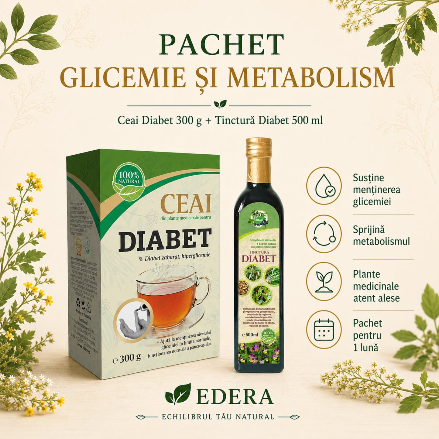 Pachet Glicemie & Metabolism EDERA cu Ceai pentru Diabet și Tinctură pentru Diabet