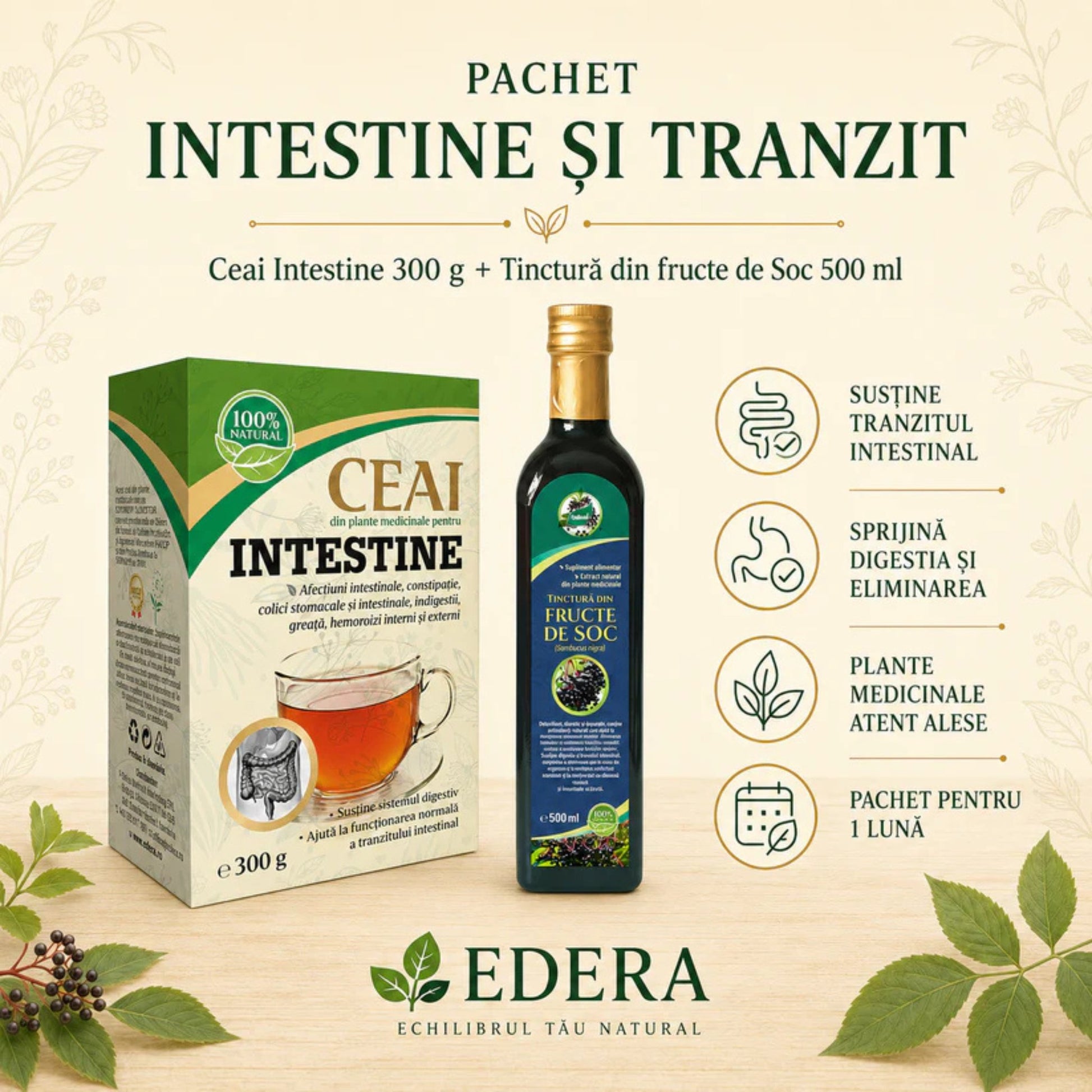Pachet Intestine & Tranzit EDERA cu Ceai pentru Intestine și Tinctură din Fructe de Soc
