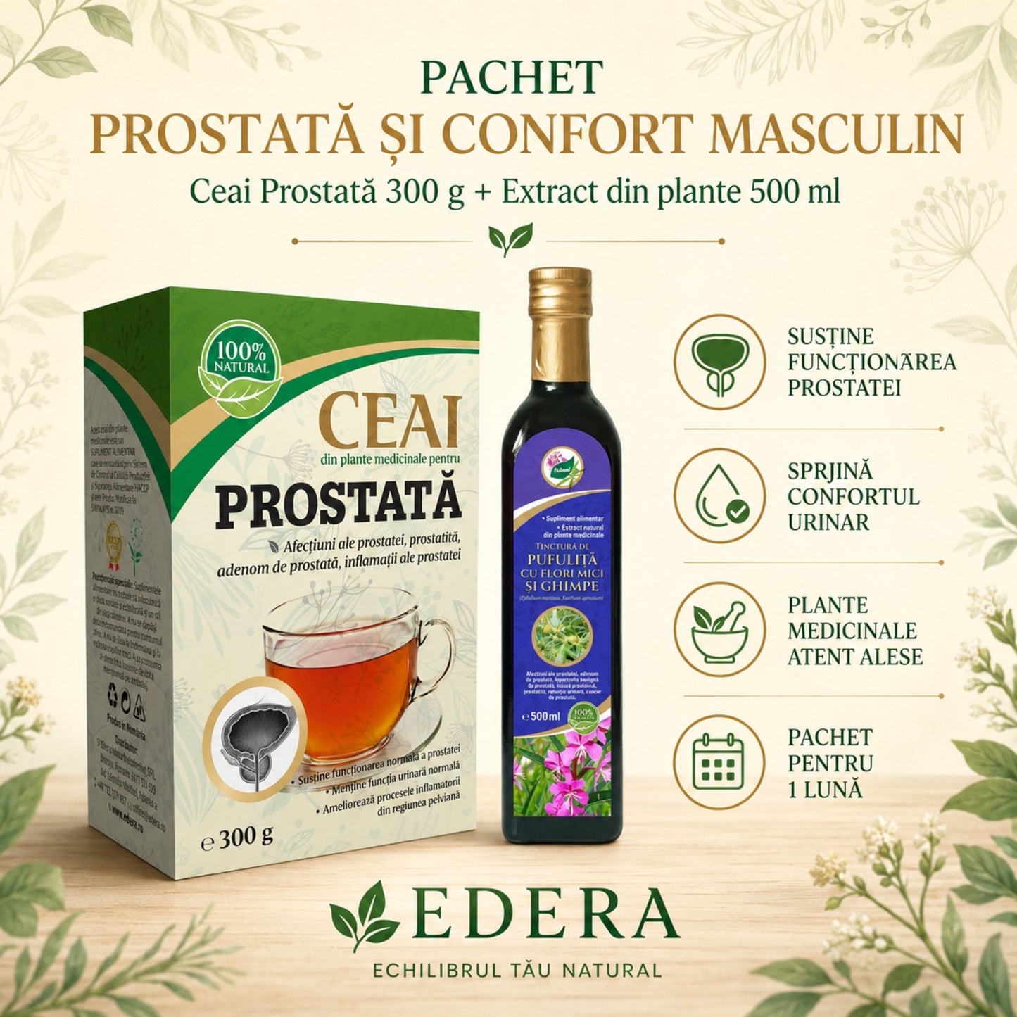 Pachet Prostată & Confort Masculin EDERA cu Ceai pentru Prostată și Tinctură de Pufuliță și Ghimpe