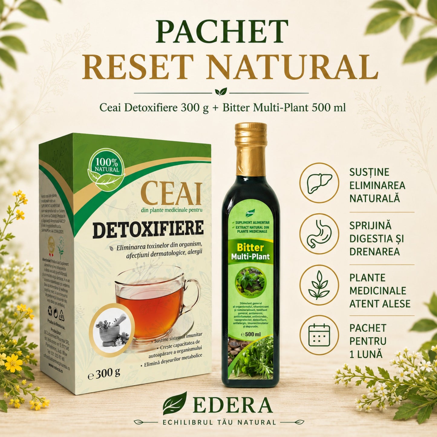 Pachet Reset Natural EDERA cu Ceai Detoxifiere 300 g și Bitter Multi Plant 500 ml