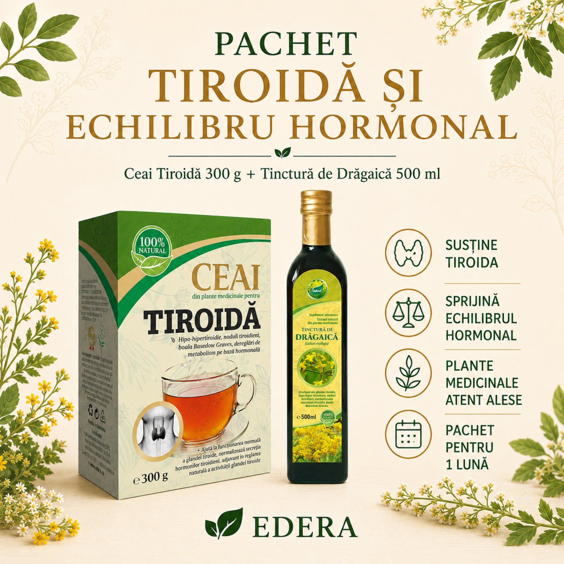 Pachet Tiroidă & Echilibru Hormonal EDERA cu Ceai pentru Tiroidă și Tinctură de Drăgaică
