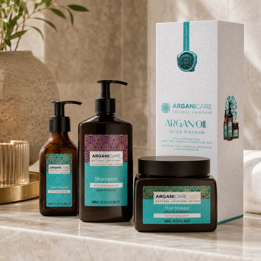 Pachet Trio Argan ARGANICARE cu șampon, mască și ser într-un decor lifestyle