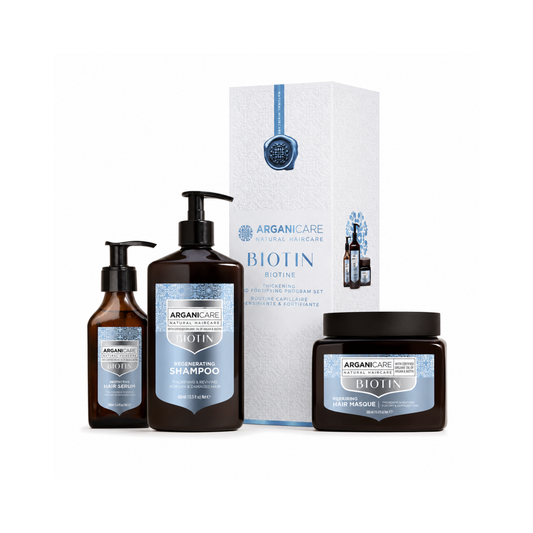 Pachet Trio Biotină ARGANICARE pentru regenerare și fortifiere, cu șampon, mască și ser