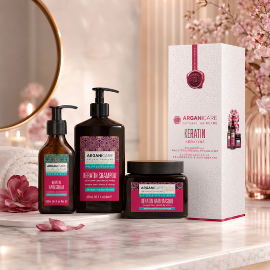 Pachet Trio Keratină ARGANICARE în decor lifestyle, cu șampon, mască și ser pentru repararea și reconstrucția părului