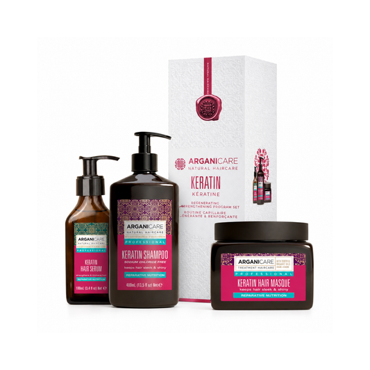 Pachet Trio Keratină reparare și reconstrucție ARGANICARE cu șampon 400 ml, mască 500 ml, ser 100 ml și cutie