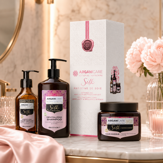 Pachet Trio Silk ARGANICARE cu șampon, mască și ser într-un decor lifestyle