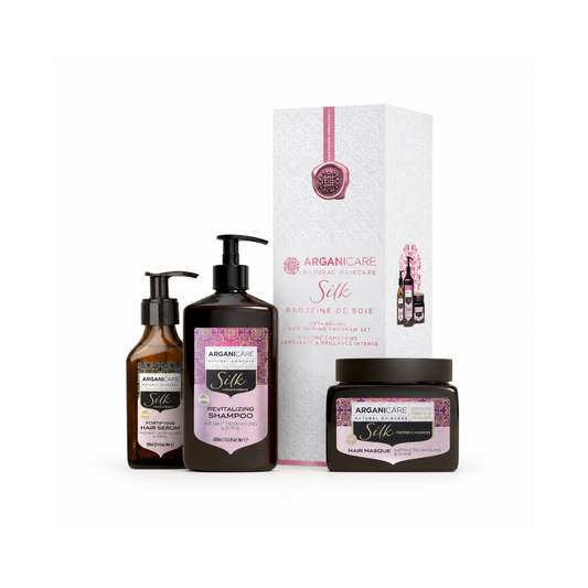 Pachet Trio Silk ARGANICARE pentru strălucire și netezire, cu șampon, mască și ser