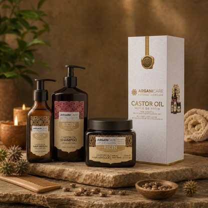 Pachet Trio cu ulei de ricin pentru creștere și fortifiere ARGANICARE, prezentat în decor lifestyle