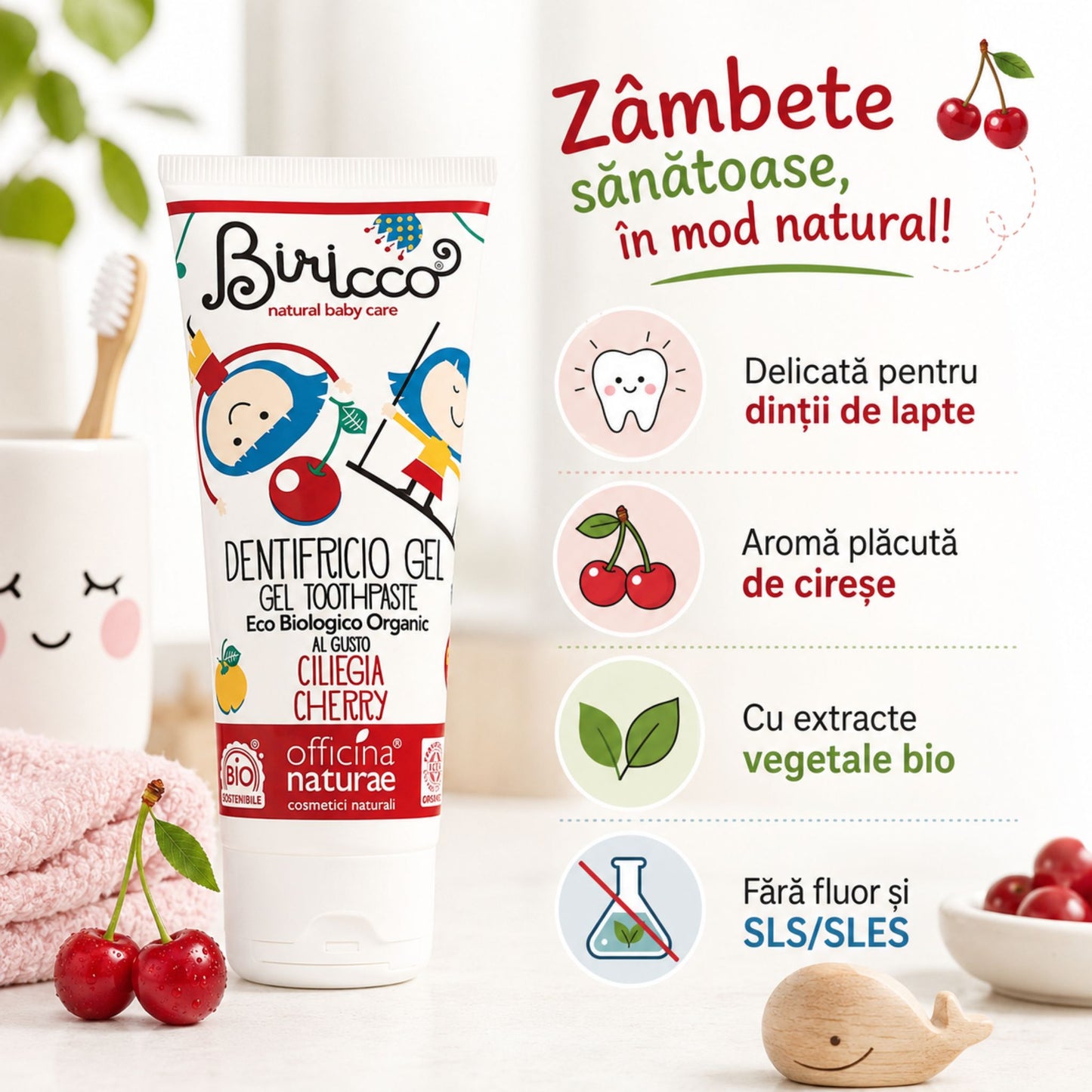 Pastă de dinți naturală pentru copii, delicată pentru dinții de lapte, fără fluor și SLS SLES