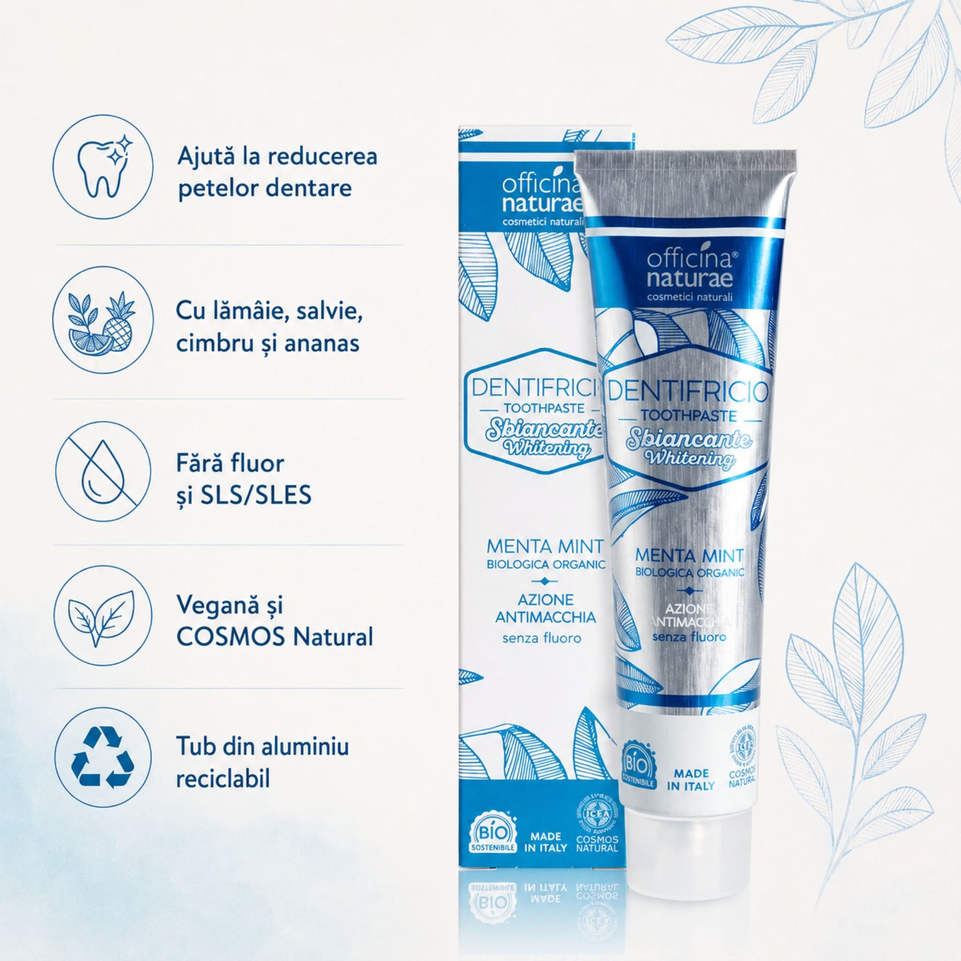 Pastă de dinți naturală pentru albire, fără fluor și SLS SLES, cu ingrediente vegetale