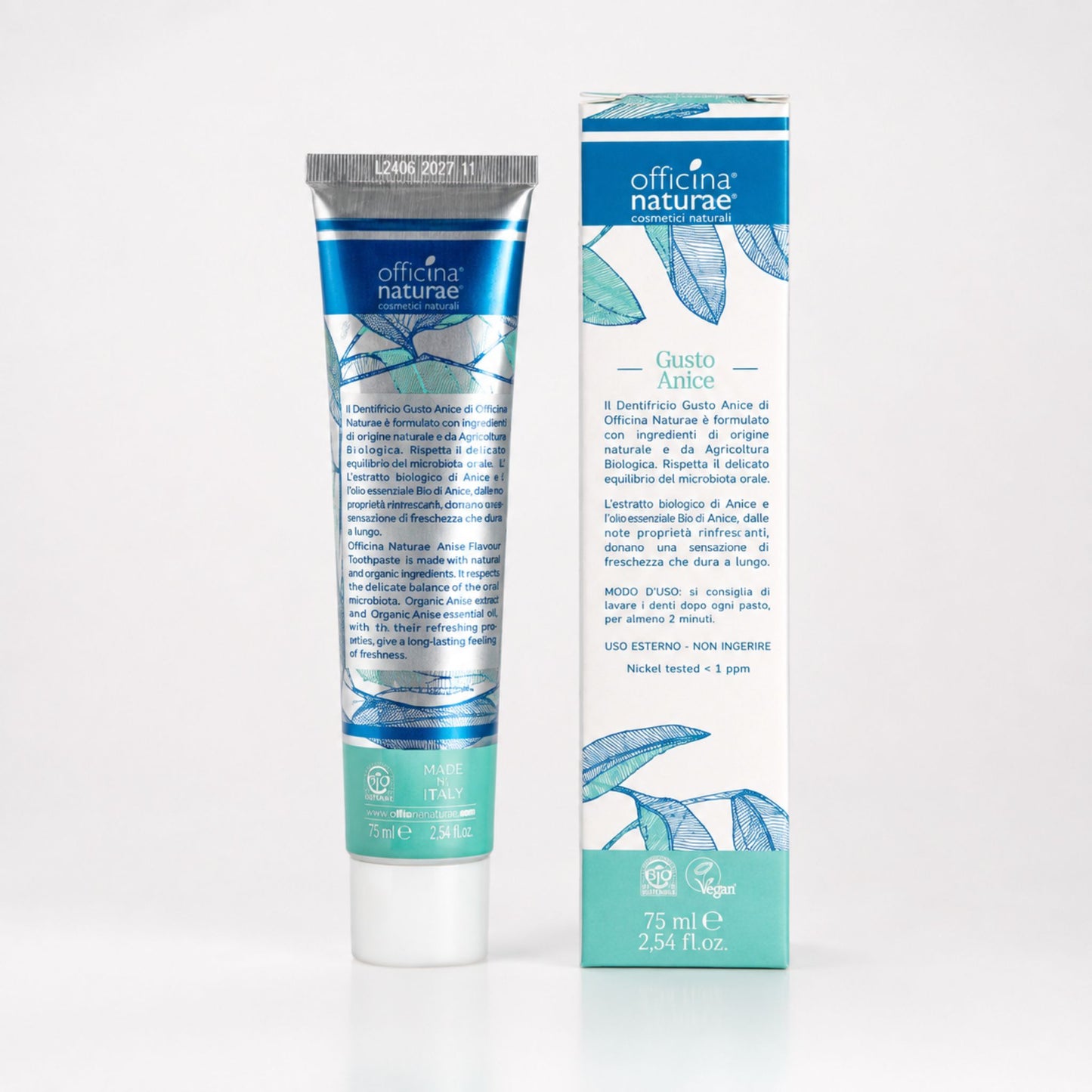 Pastă de dinți naturală cu anason 75 ml Officina Naturae - vedere spate și informații produs